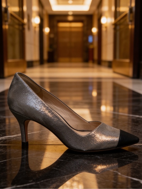 Tory Burch Shoes - Tory Burch Shaila Heel Women's Pumps Gray Silver Black Cap Toe Size 9.5